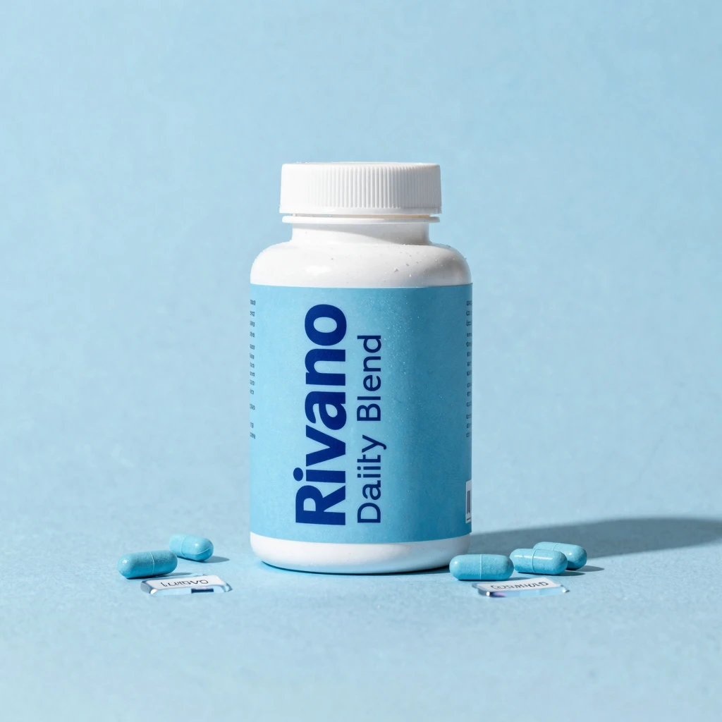 Rivano supplement overview infographic with capsules and daily icon